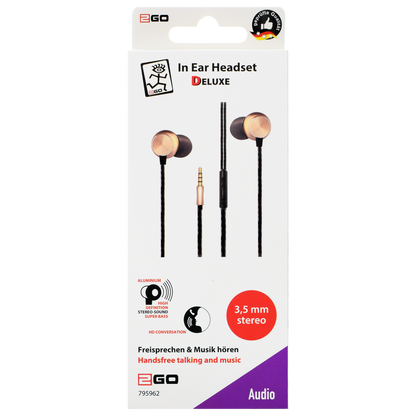 In-Ear-Headset "Deluxe" - Aluminium-Gehäuse - Rufannahme - Lautstärkeregelung - Klinkenstecker - schwarz-gold - Verpackung