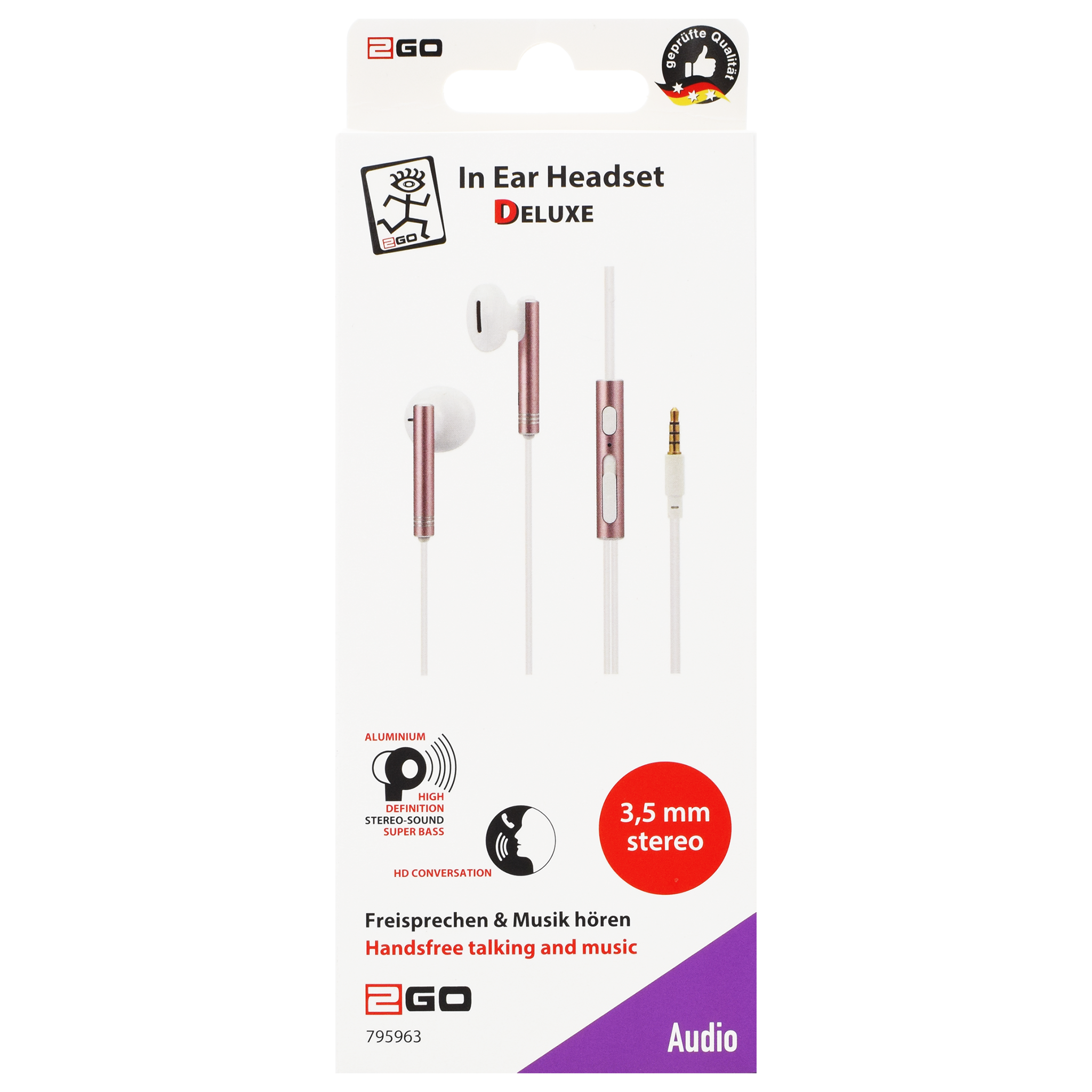 Stereo In-Ear Headset "Comfort" - Aluminium-Gehäuse - Lautstärkeregelung - Rufannahme - Klinkenstecker - weiß/rosa - Verpackung