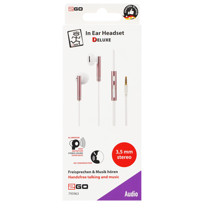 Stereo In-Ear Headset "Comfort" - Aluminium-Gehäuse - Lautstärkeregelung - Rufannahme - Klinkenstecker - weiß/rosa - Verpackung