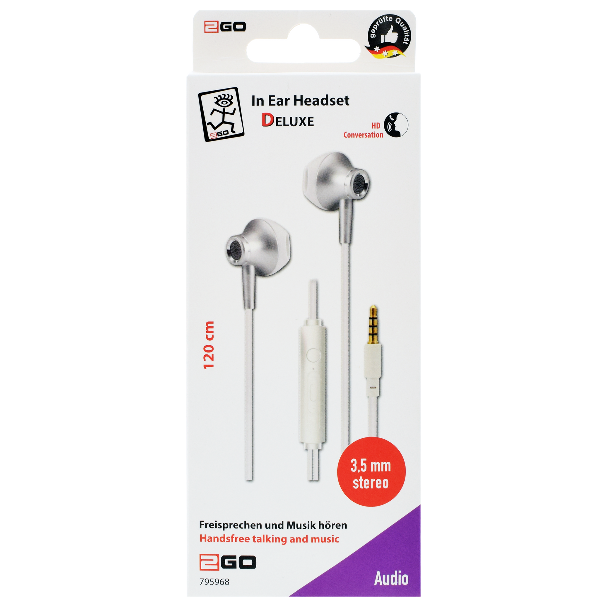 In-Ear-Headset "Deluxe" - Aluminium-Gehäuse - Rufannahme - Lautstärkeregelung - Klinkenstecker - weiß/silber - Verpackung