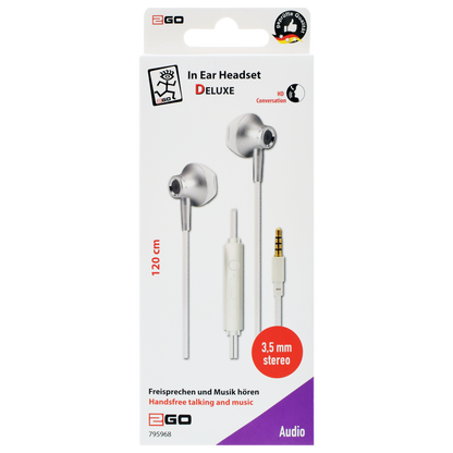In-Ear-Headset "Deluxe" - Aluminium-Gehäuse - Rufannahme - Lautstärkeregelung - Klinkenstecker - weiß/silber - Verpackung
