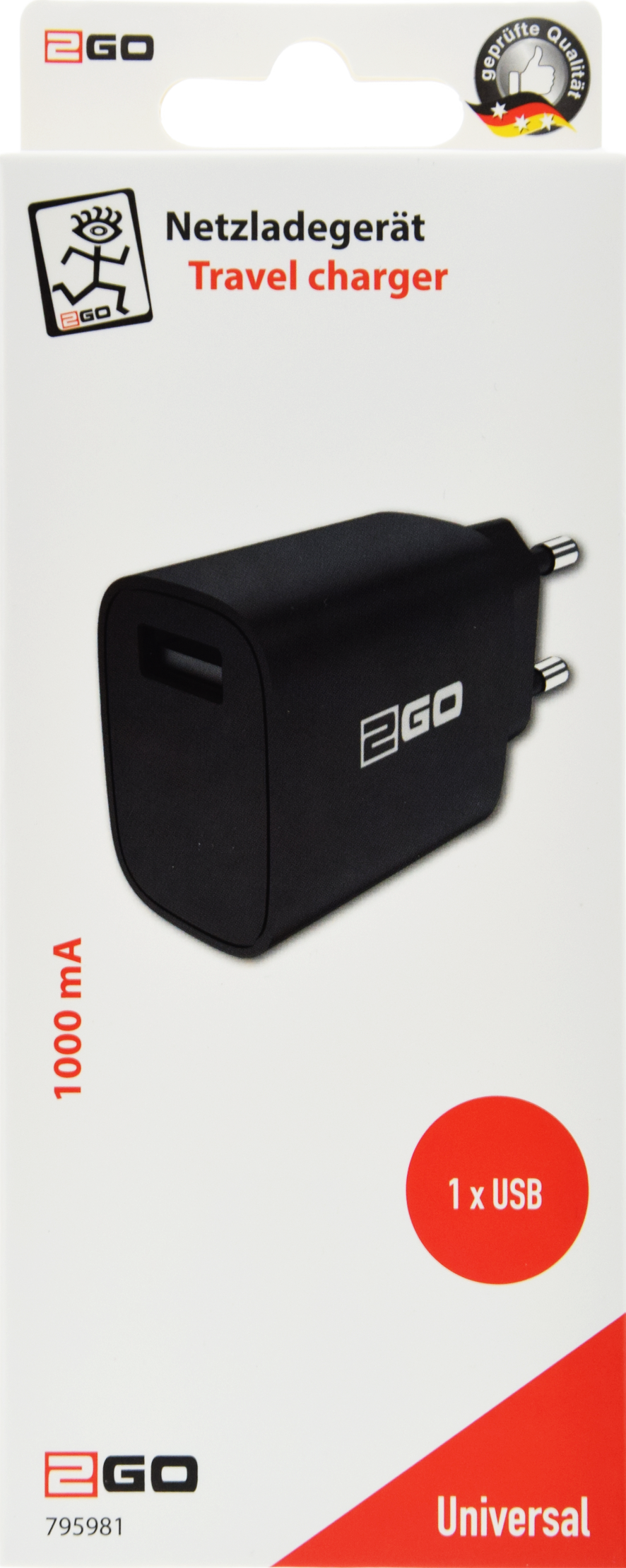 USB Netzladegerät 100 V - 240 V - 1 x USB A - 1000 mA - schwarz - Verpackung