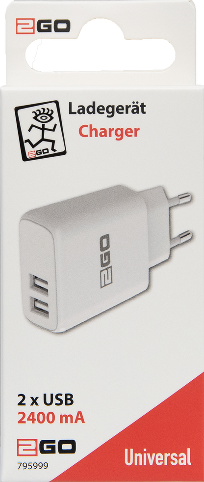 USB Netz-Ladegerät 100 V - 240 V - 2 x USB A - 2400 mA - weiß - Verpackung