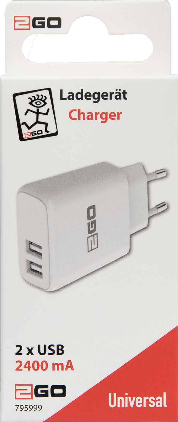 USB Netz-Ladegerät 100 V - 240 V - 2 x USB A - 2400 mA - weiß - Verpackung