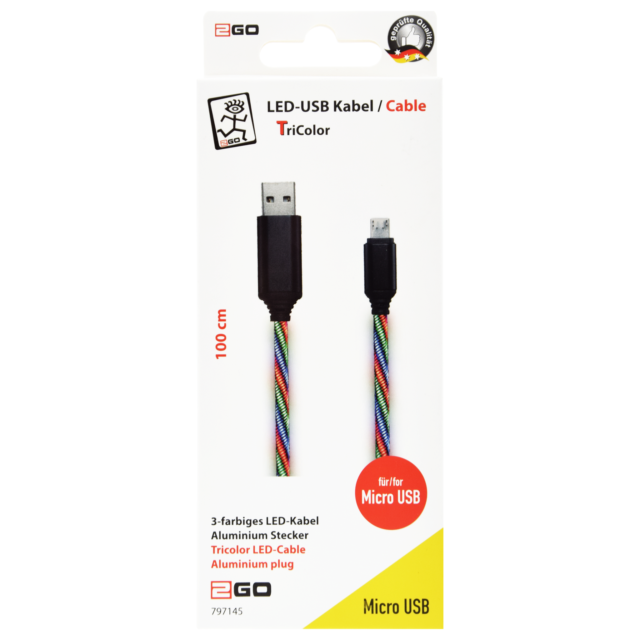 USB Kabel Tricolor - USB A auf Micro-USB - 100 cm - RGB - Verpackung