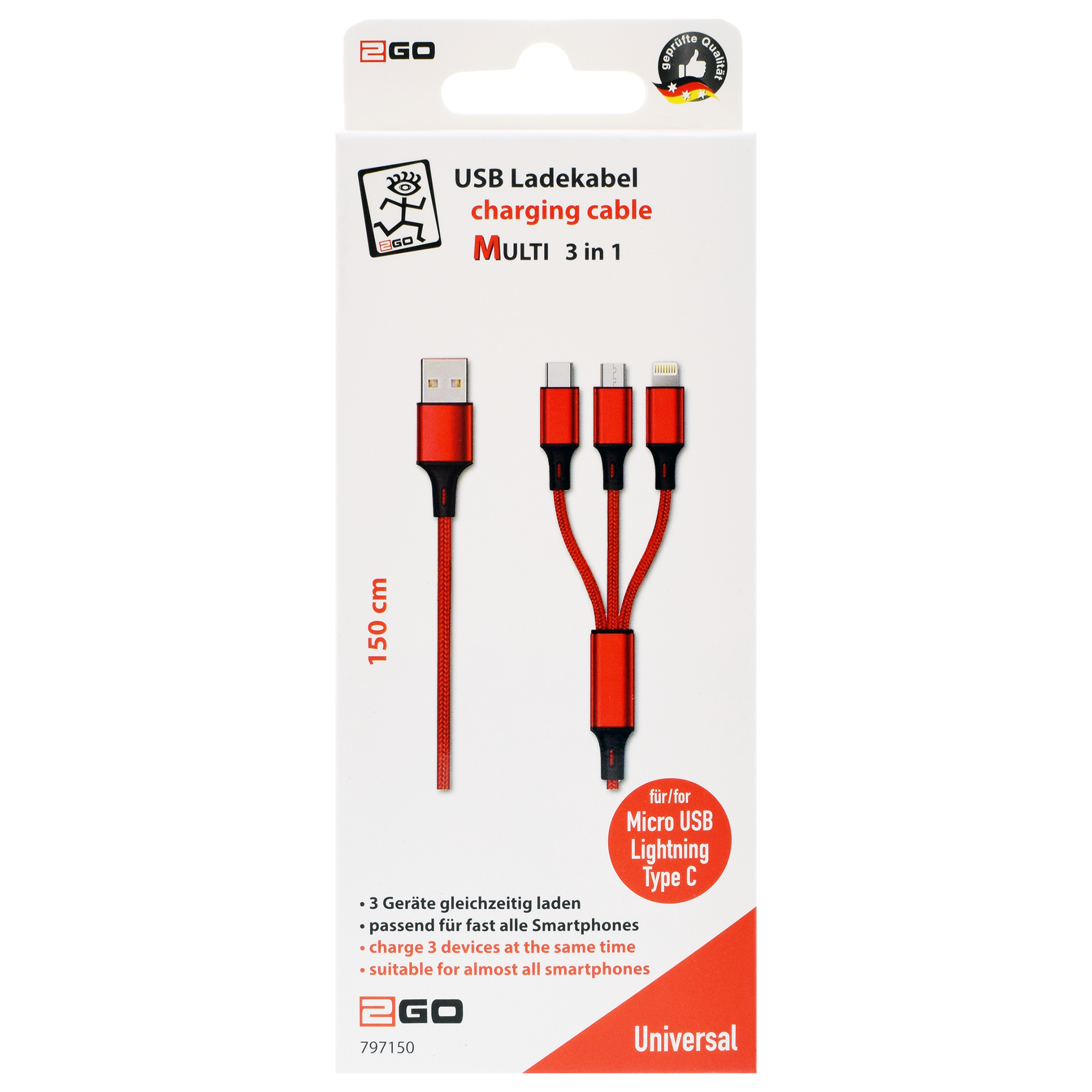 USB 3 in 1 Ladekabel USB A auf Micro-USB, Lightning und USB Type-C - 150 cm - rot - Verpackung