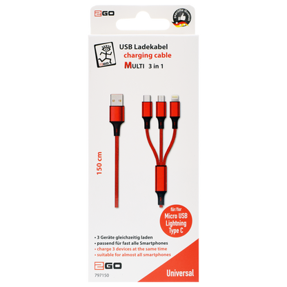 USB 3 in 1 Ladekabel USB A auf Micro-USB, Lightning und USB Type-C - 150 cm - rot - Verpackung