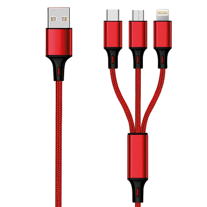 USB 3 in 1 Ladekabel USB A auf Micro-USB, Lightning und USB Type-C - 150 cm - rot
