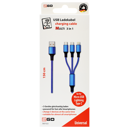 USB 3 in 1 Ladekabel USB A auf Micro-USB, Lightning und USB Type-C - 150 cm - blau - Verpackung