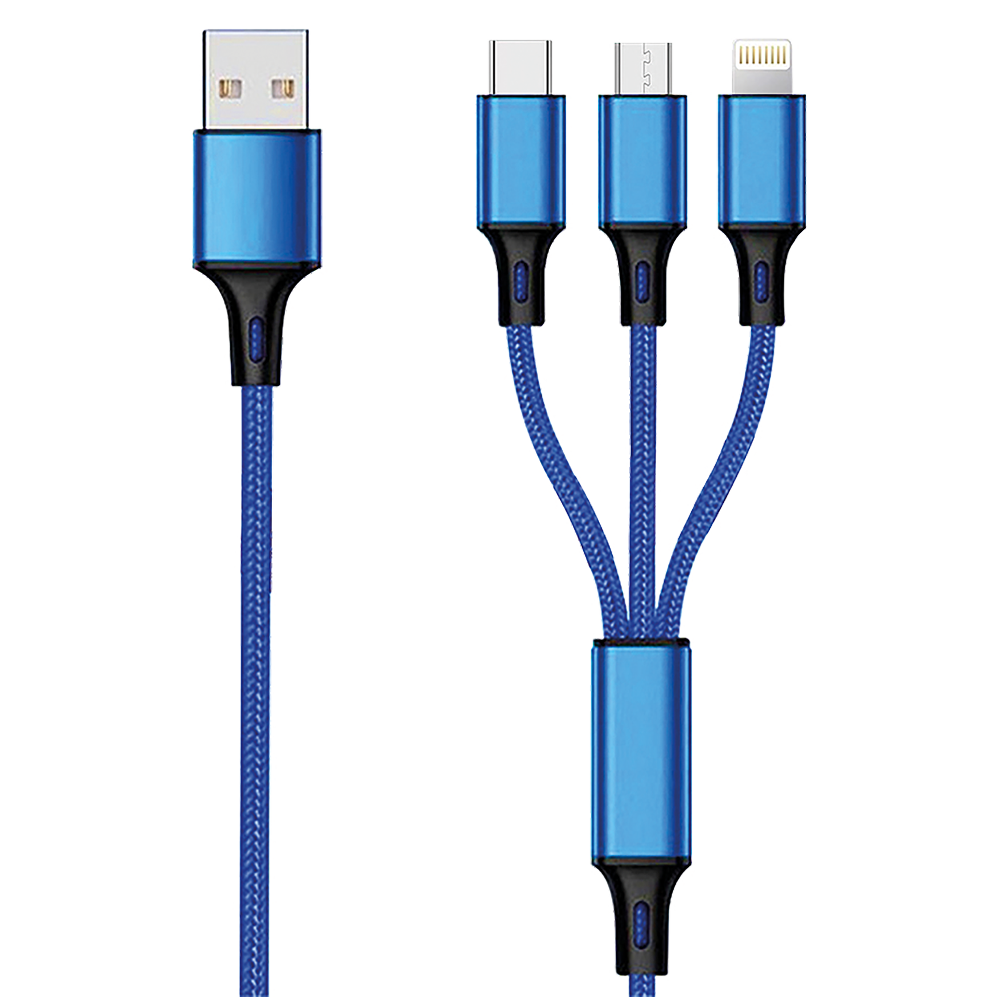 USB 3 in 1 Ladekabel USB A auf Micro-USB, Lightning und USB Type-C - 150 cm - blau