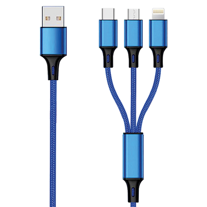 USB 3 in 1 Ladekabel USB A auf Micro-USB, Lightning und USB Type-C - 150 cm - blau