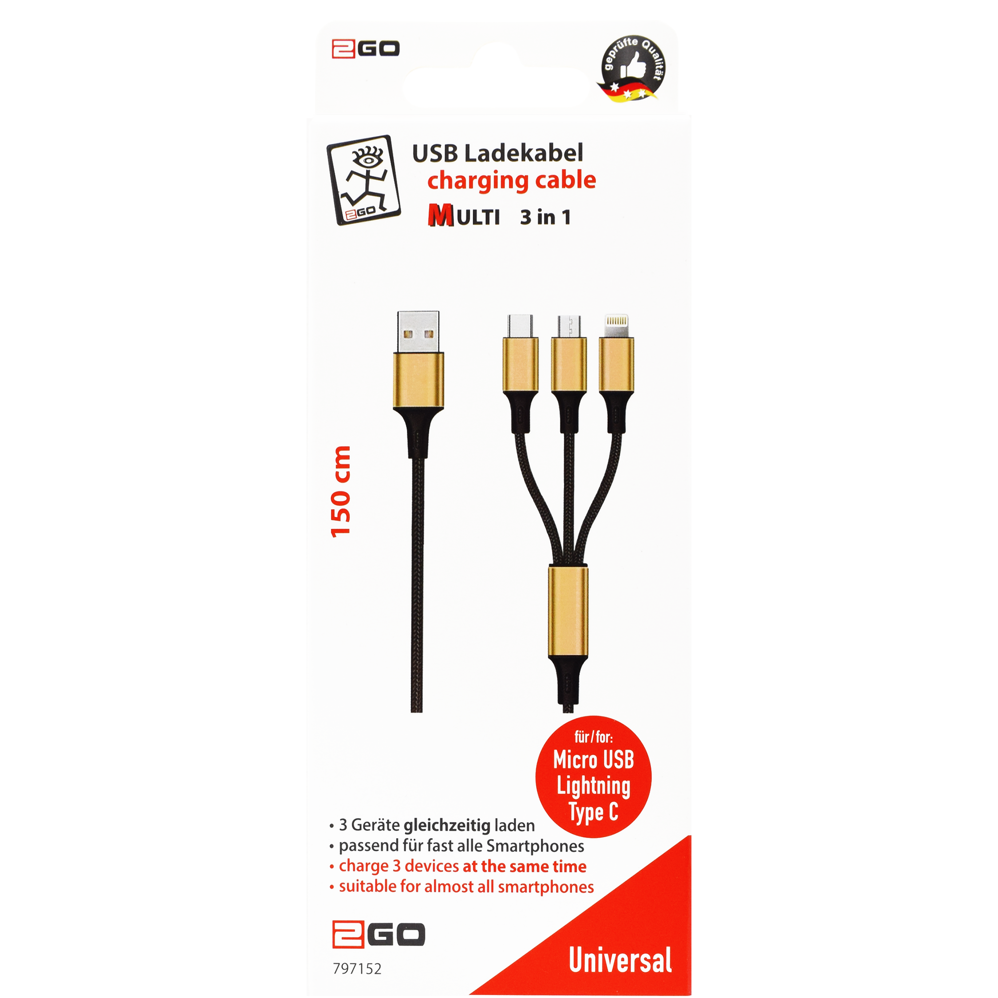 USB 3 in 1 Ladekabel USB A auf Micro-USB, Lightning und USB Type-C - 150 cm - gold - Verpackung