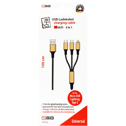 USB 3 in 1 Ladekabel USB A auf Micro-USB, Lightning und USB Type-C - 150 cm - gold - Verpackung