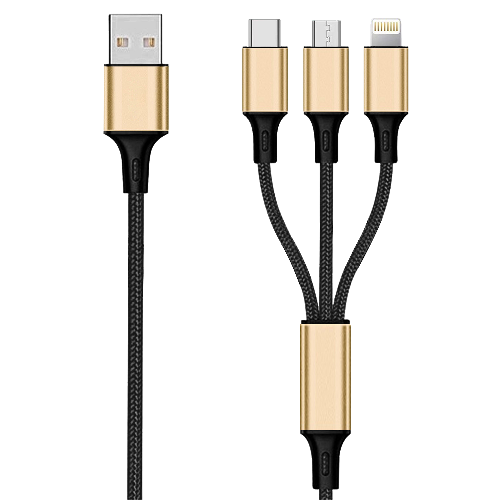 USB 3 in 1 Ladekabel USB A auf Micro-USB, Lightning und USB Type-C - 150 cm - gold