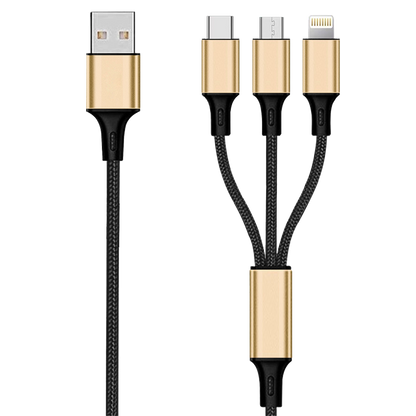 USB 3 in 1 Ladekabel USB A auf Micro-USB, Lightning und USB Type-C - 150 cm - gold