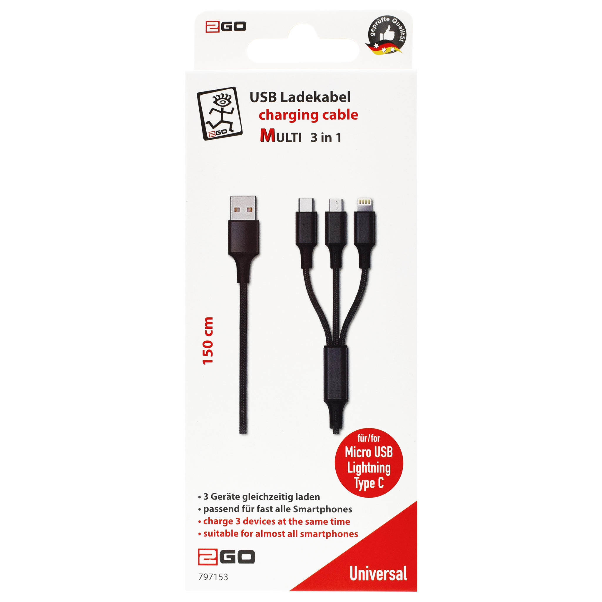 USB 3 in 1 Ladekabel USB A auf Micro-USB, Lightning und USB Type-C - 150 cm - schwarz - Verpackung