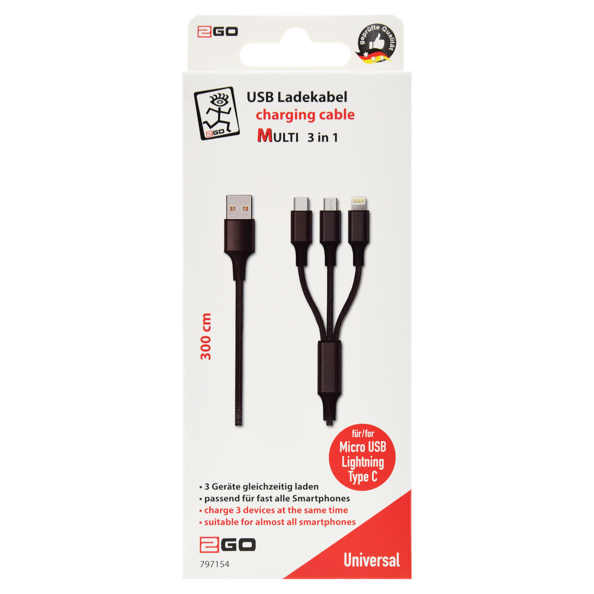 3 in 1 USB Ladekabel für Micro-USB, Lightning & USB Type-C - schwarz - 300 cm - Verpackung