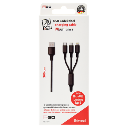 3 in 1 USB Ladekabel für Micro-USB, Lightning & USB Type-C - schwarz - 300 cm - Verpackung