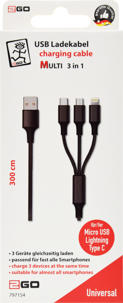 3 in 1 USB Ladekabel - schwarz - 300 cm
