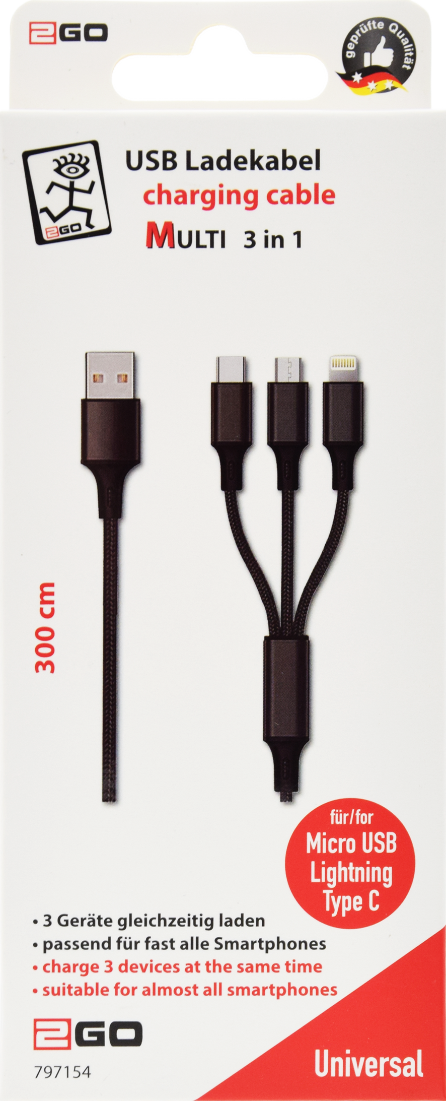 3 in 1 USB Ladekabel - schwarz - 300 cm