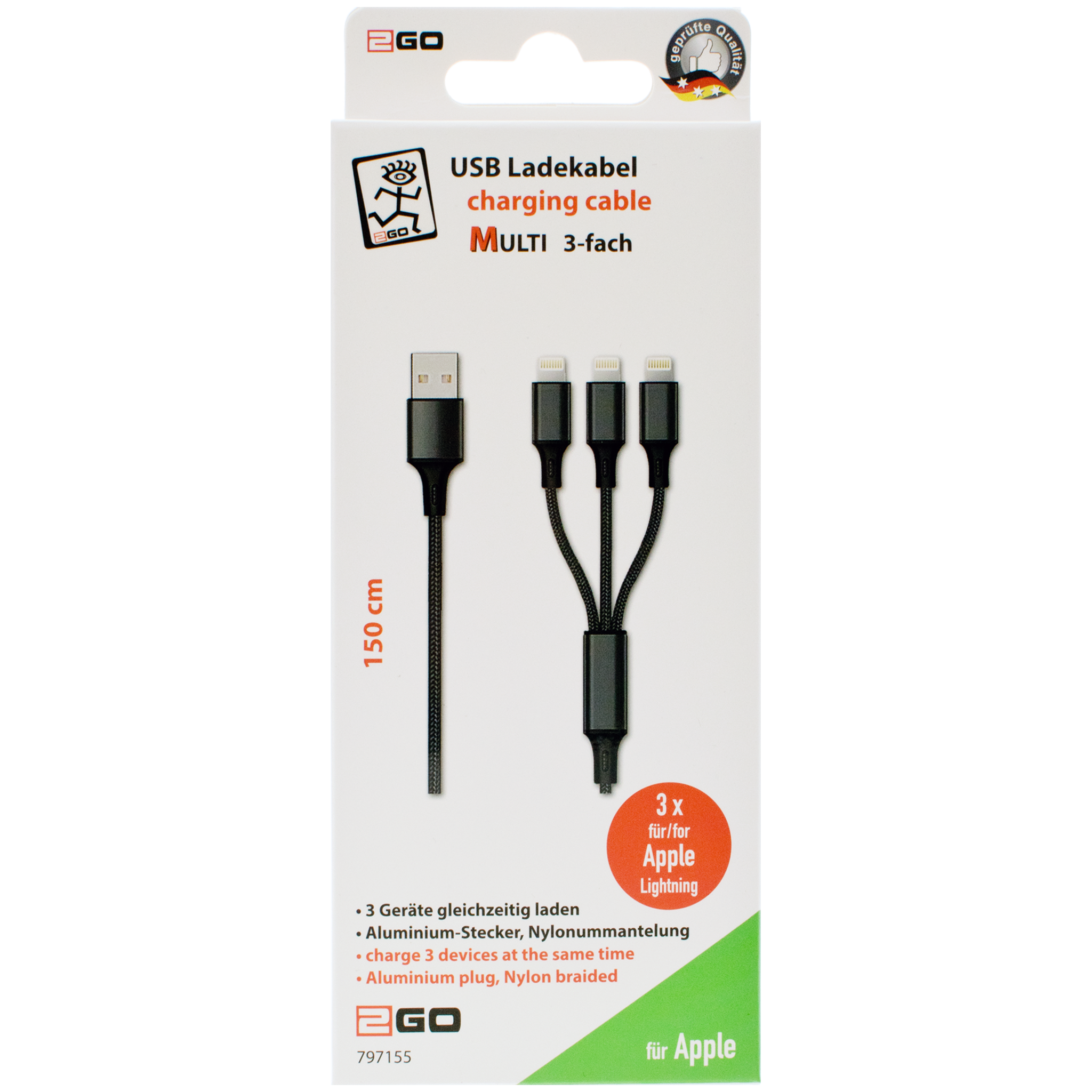 3 in 1 USB Ladekabel - USB A auf 3 x Lightning-Stecker - 150 cm - schwarz - Verpackung