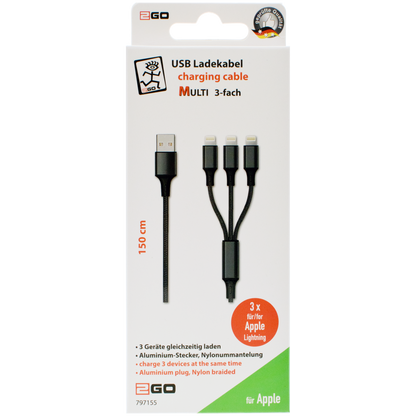 3 in 1 USB Ladekabel - USB A auf 3 x Lightning-Stecker - 150 cm - schwarz - Verpackung