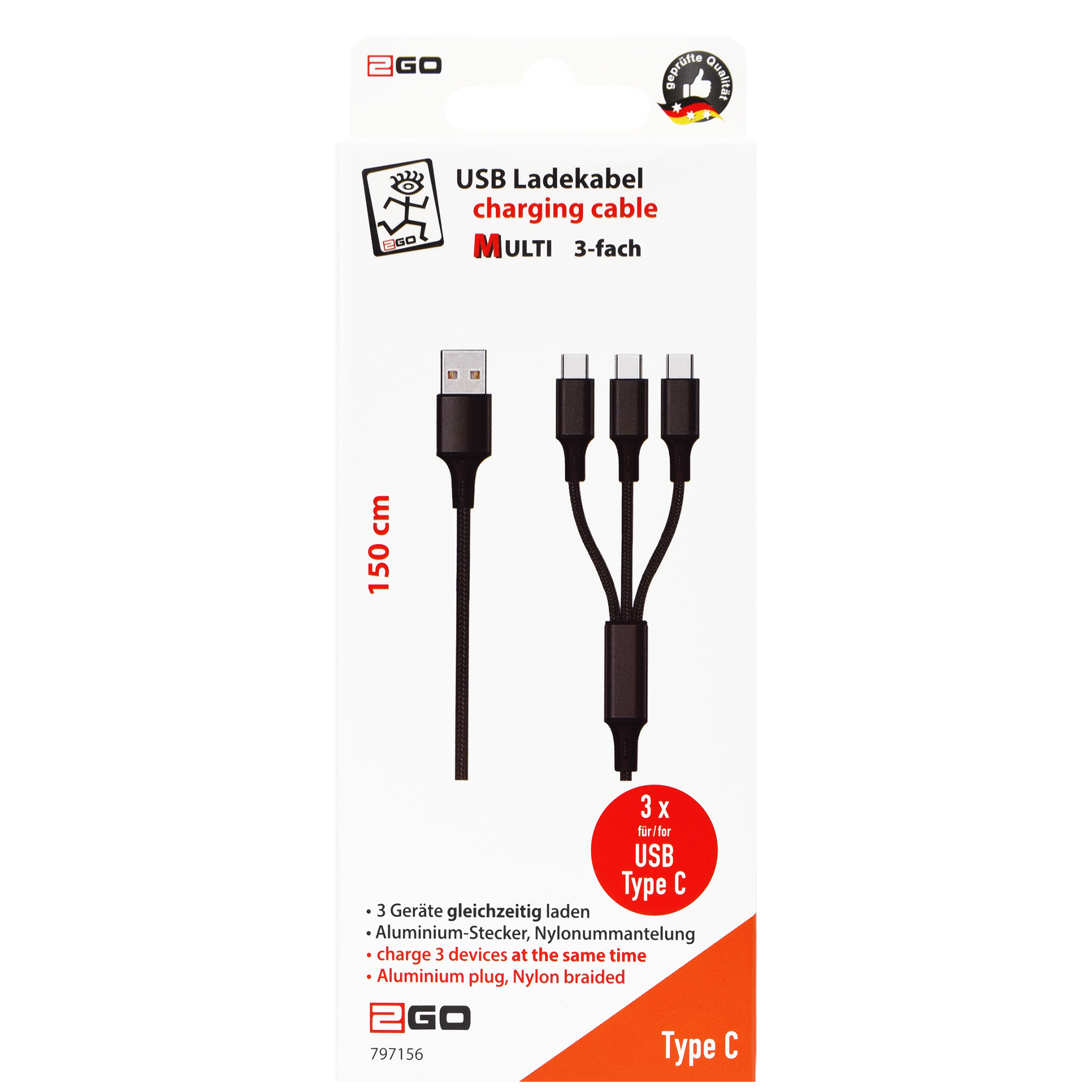 3 in 1 USB Ladekabel -USB A auf USB Type-C - schwarz - 150 cm - Verpackung