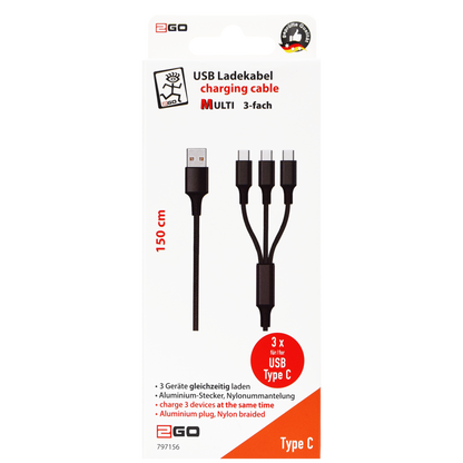 3 in 1 USB Ladekabel -USB A auf USB Type-C - schwarz - 150 cm - Verpackung