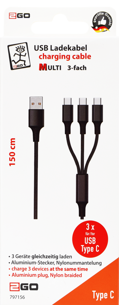 3 in 1 USB Ladekabel - USB A <-> 3 x USB Type-C - 150 cm - schwarz