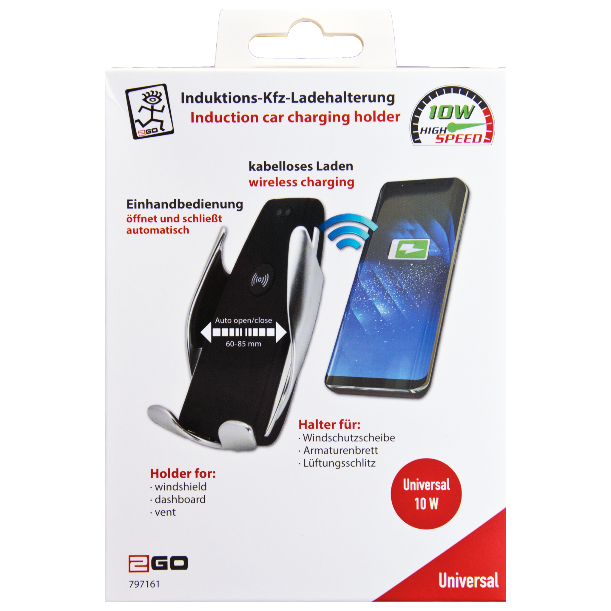 Halter mit Wireless Charging Funktion- 10 W - elektrisches Öffnen und Schließen -  Saugfuß oder Lüftungsschlitz-Montage - Verpackung