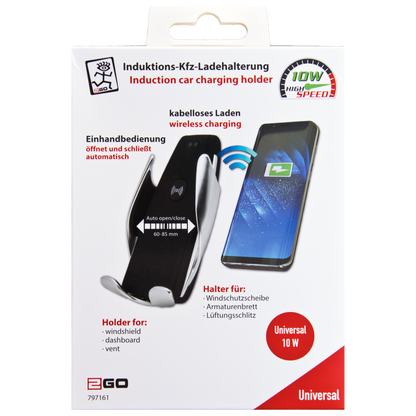Halter mit Wireless Charging Funktion- 10 W - elektrisches Öffnen und Schließen -  Saugfuß oder Lüftungsschlitz-Montage - Verpackung