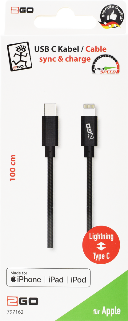 USB Datenkabel - MFI zertifiziert - USB Type-C <-> Apple 8-Pin - 100 cm - anthrazit