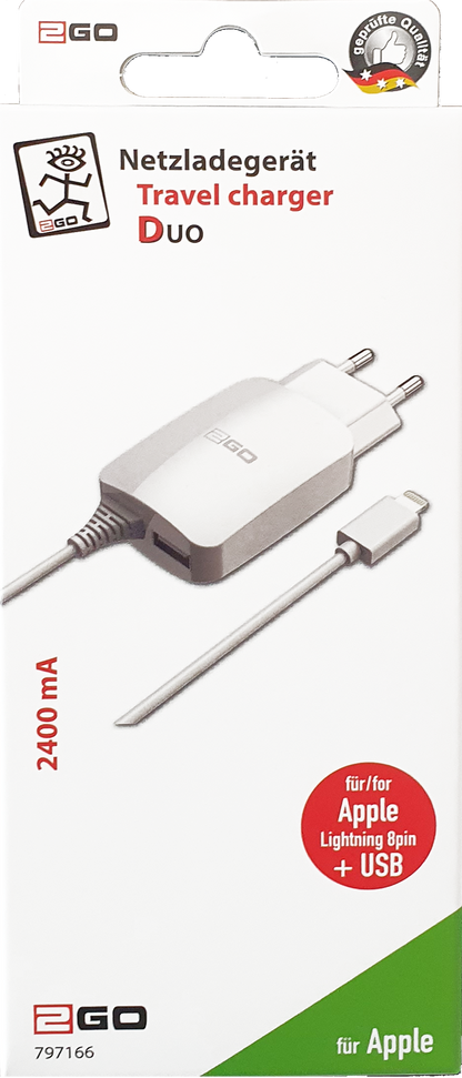 Netzladegerät - 100 V - 240 V - mit 140 cm Lightning Kabel und USB A Buchse - 2400 mA - 12 W - weiß - Verpackung