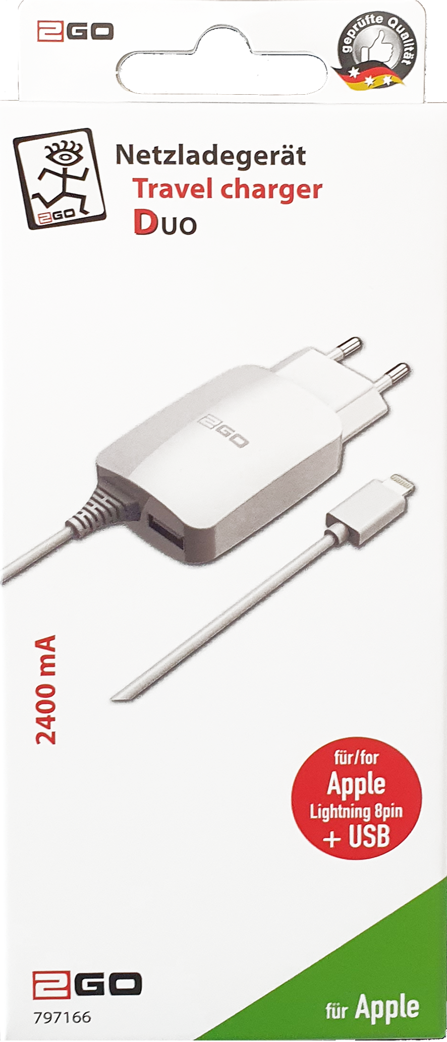 Netzladegerät - 100 V - 240 V - mit 140 cm Lightning Kabel und USB A Buchse - 2400 mA - 12 W - weiß - Verpackung