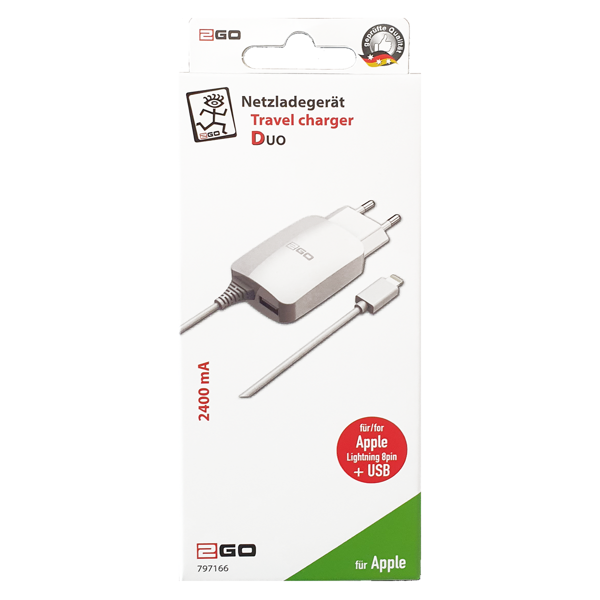 Netz-Ladegerät DUO 110 V - 240 V - typenspezifischer Stecker & USB A Buchse - 140 cm Kabellänge