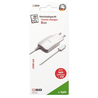 Netz-Ladegerät DUO 110 V - 240 V - typenspezifischer Stecker & USB A Buchse - 140 cm Kabellänge