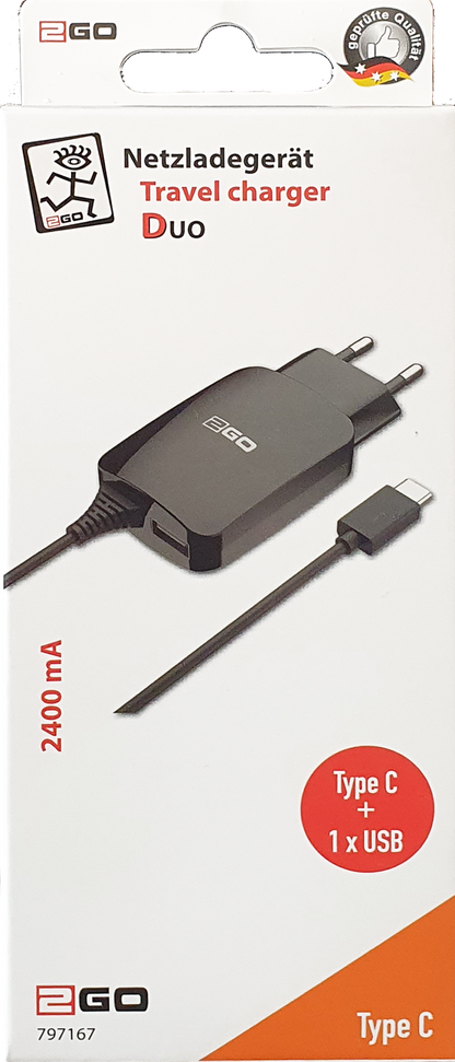 Netzladegerät - 100 V - 240 V - mit 140 cm USB Type-C Kabel und USB A Buchse - 2400 mA - 12 W - schwarz - Verpackung