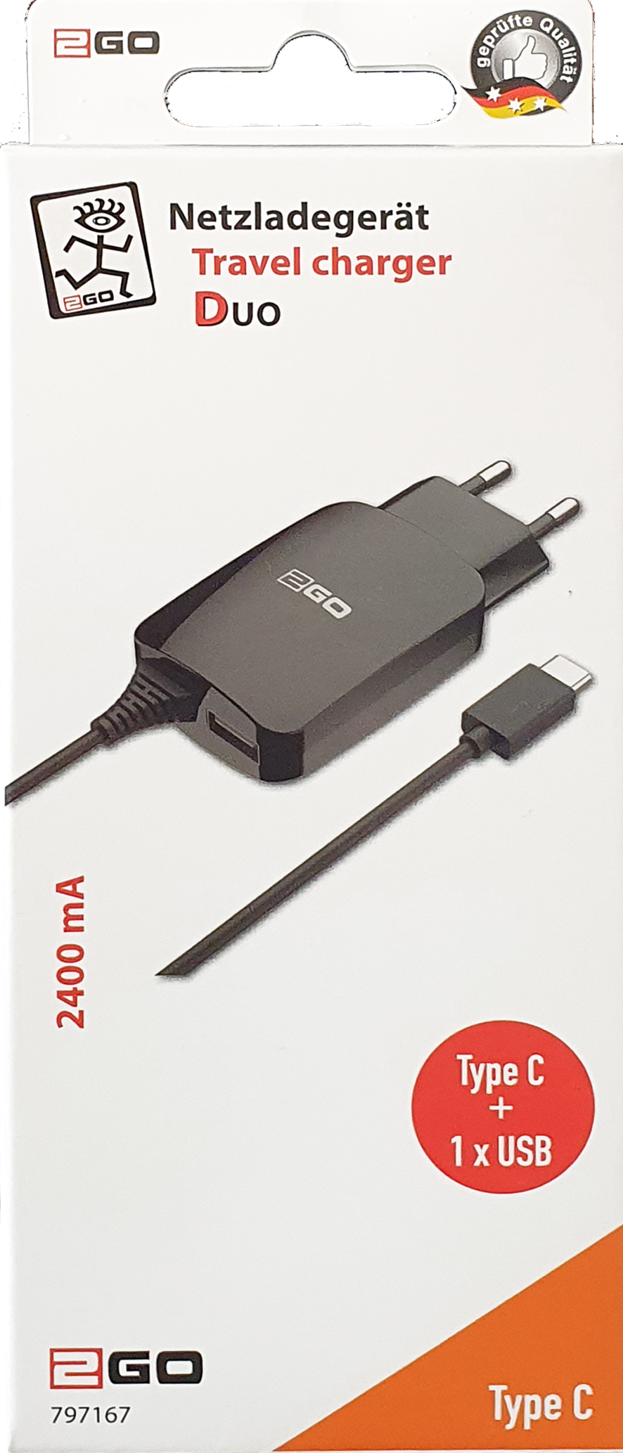 Netzladegerät - 100 V - 240 V - mit 140 cm USB Type-C Kabel und USB A Buchse - 2400 mA - 12 W - schwarz - Verpackung
