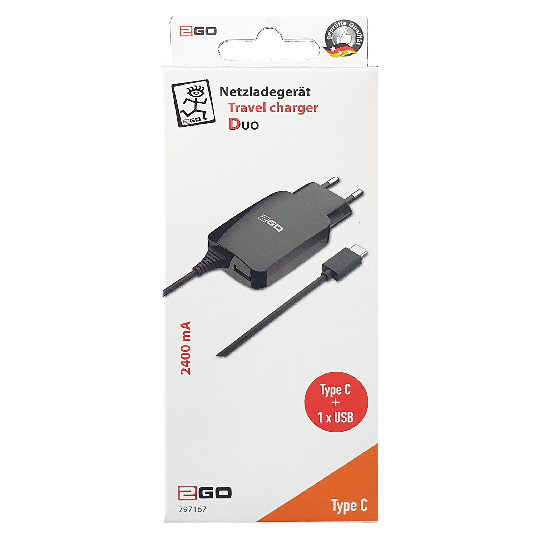 Netz-Ladegerät DUO 110 V - 240 V - typenspezifischer Stecker & USB A Buchse - 140 cm Kabellänge