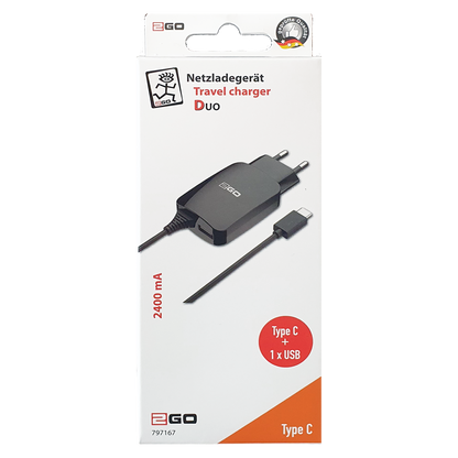 Netz-Ladegerät DUO 110 V - 240 V - typenspezifischer Stecker & USB A Buchse - 140 cm Kabellänge