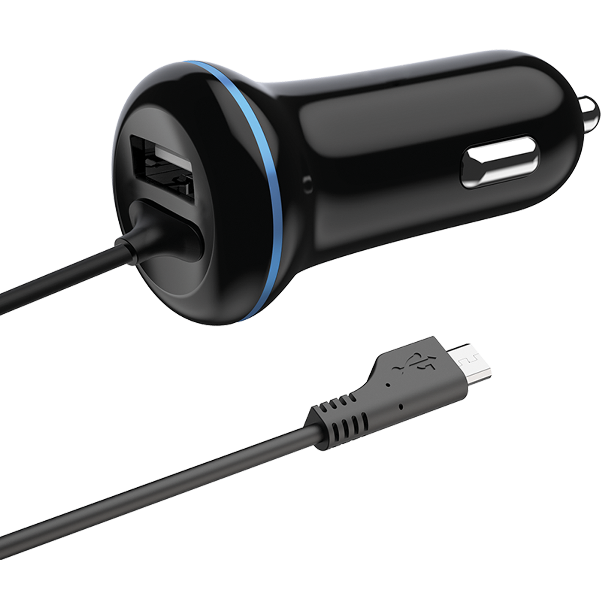 USB Kfz-Ladegerät 12 V / 24 V - Micro-USB Kabel und USB A Buchse - 2400 mA - 140 cm - schwarz