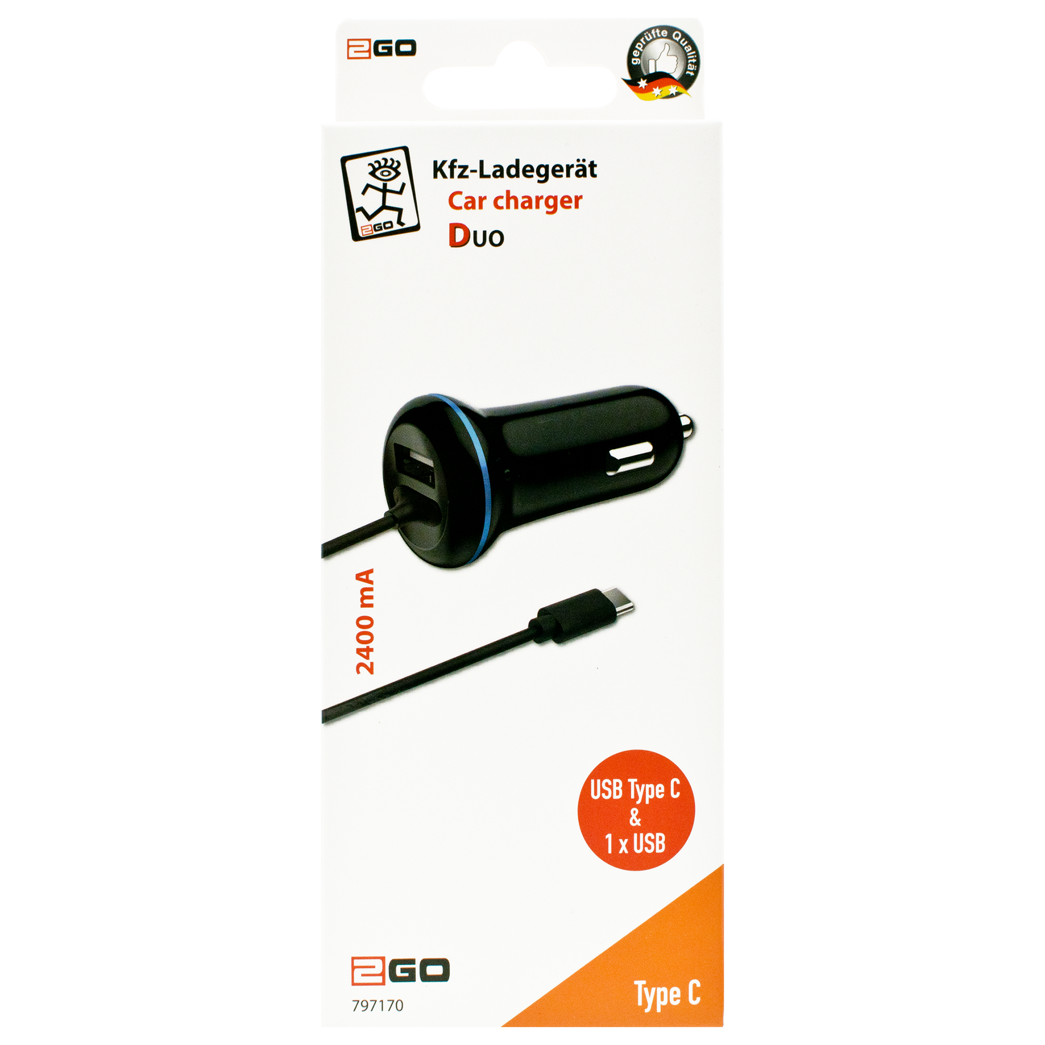 USB Kfz-Ladegerät 12 V / 24 V - USB Type-C Kabel und USB A Buchse - 2400 mA - 140 cm - schwarz - Verpackung