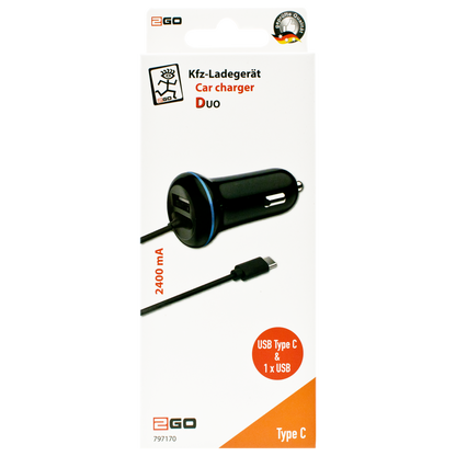 USB Kfz-Ladegerät 12 V / 24 V - USB Type-C Kabel und USB A Buchse - 2400 mA - 140 cm - schwarz - Verpackung