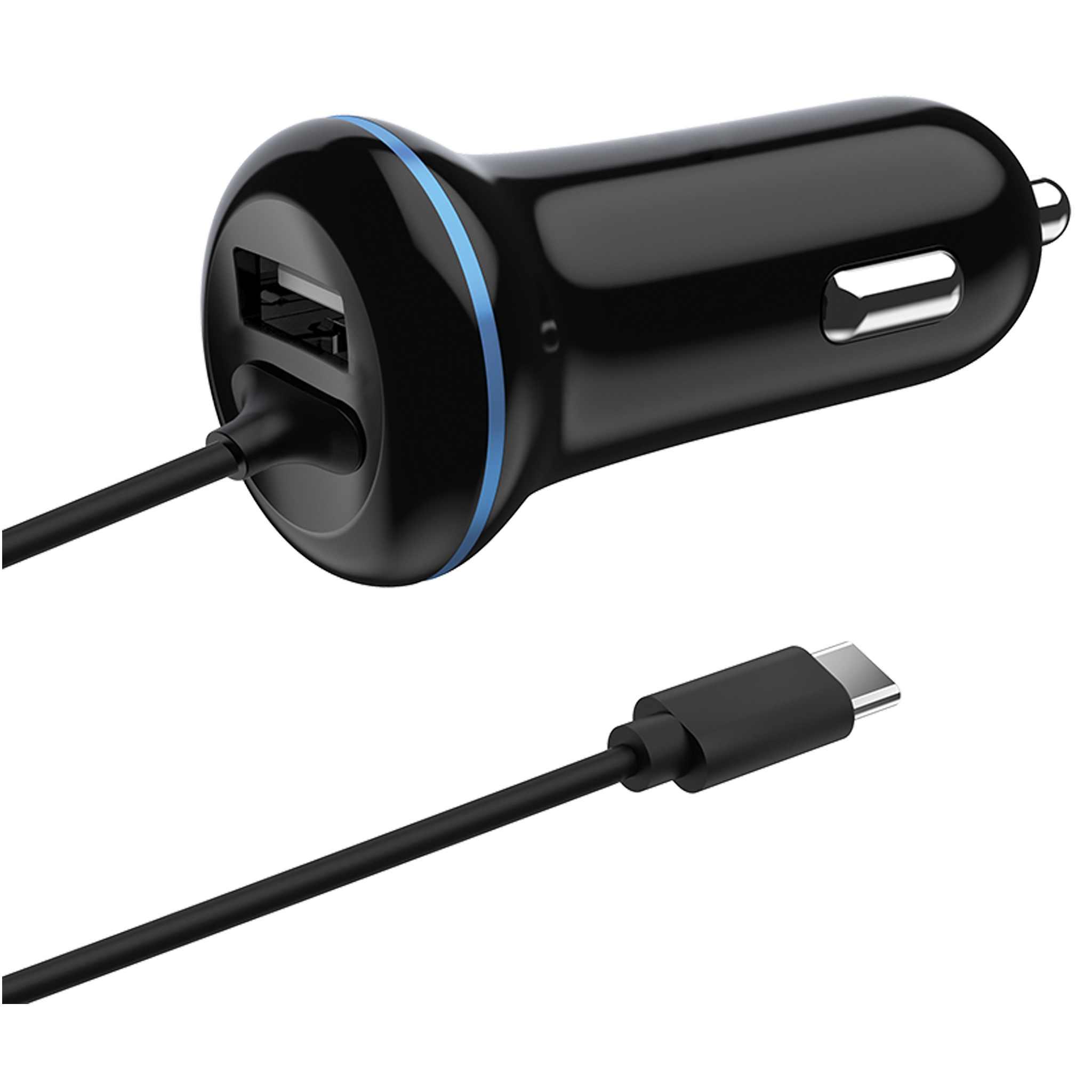 USB Kfz-Ladegerät 12 V / 24 V - USB Type-C Kabel und USB A Buchse - 2400 mA - 140 cm - schwarz