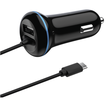 USB Kfz-Ladegerät 12 V / 24 V - USB Type-C Kabel und USB A Buchse - 2400 mA - 140 cm - schwarz
