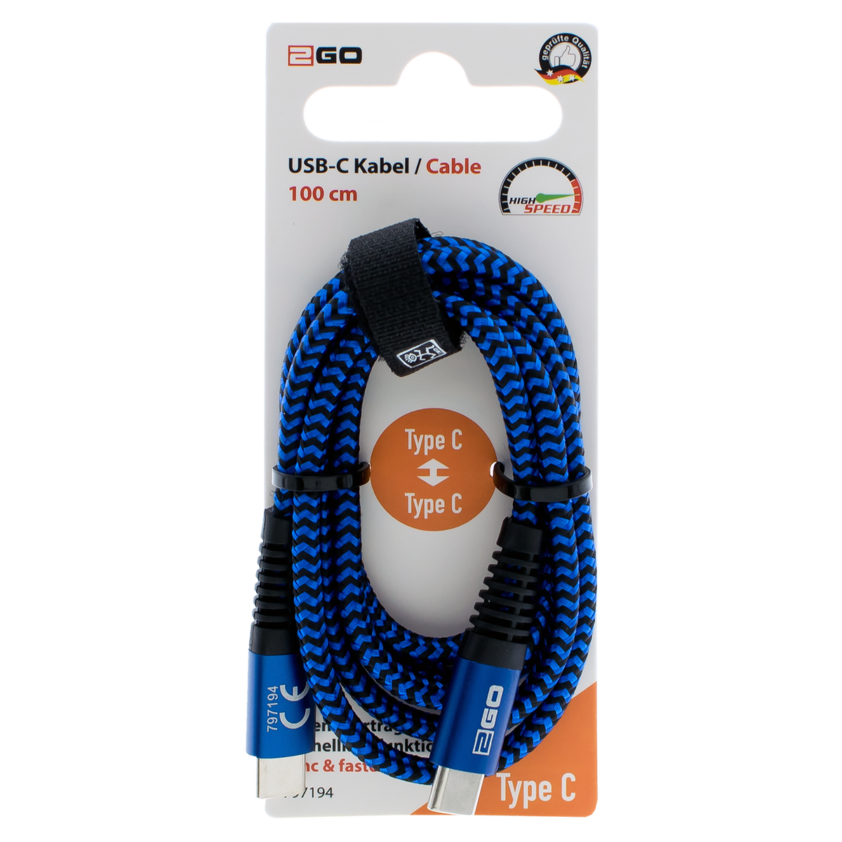USB Datenkabel - USB Type-C auf USB Type-C - 100 cm - blau - Verpackung