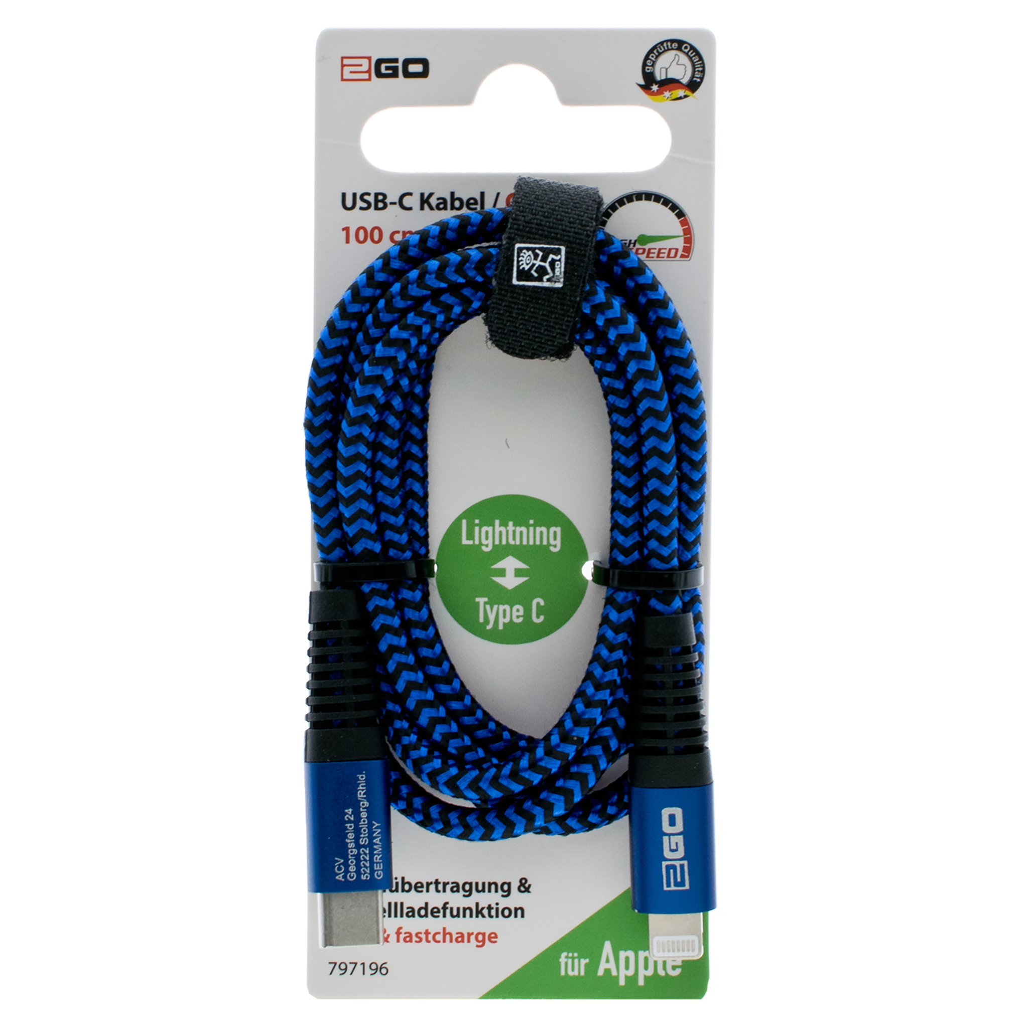 USB Datenkabel - USB Type-C auf Lightning - 100 cm - blau - Verpackung