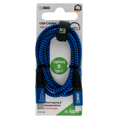 USB Datenkabel - USB Type-C auf Lightning - 100 cm - blau - Verpackung