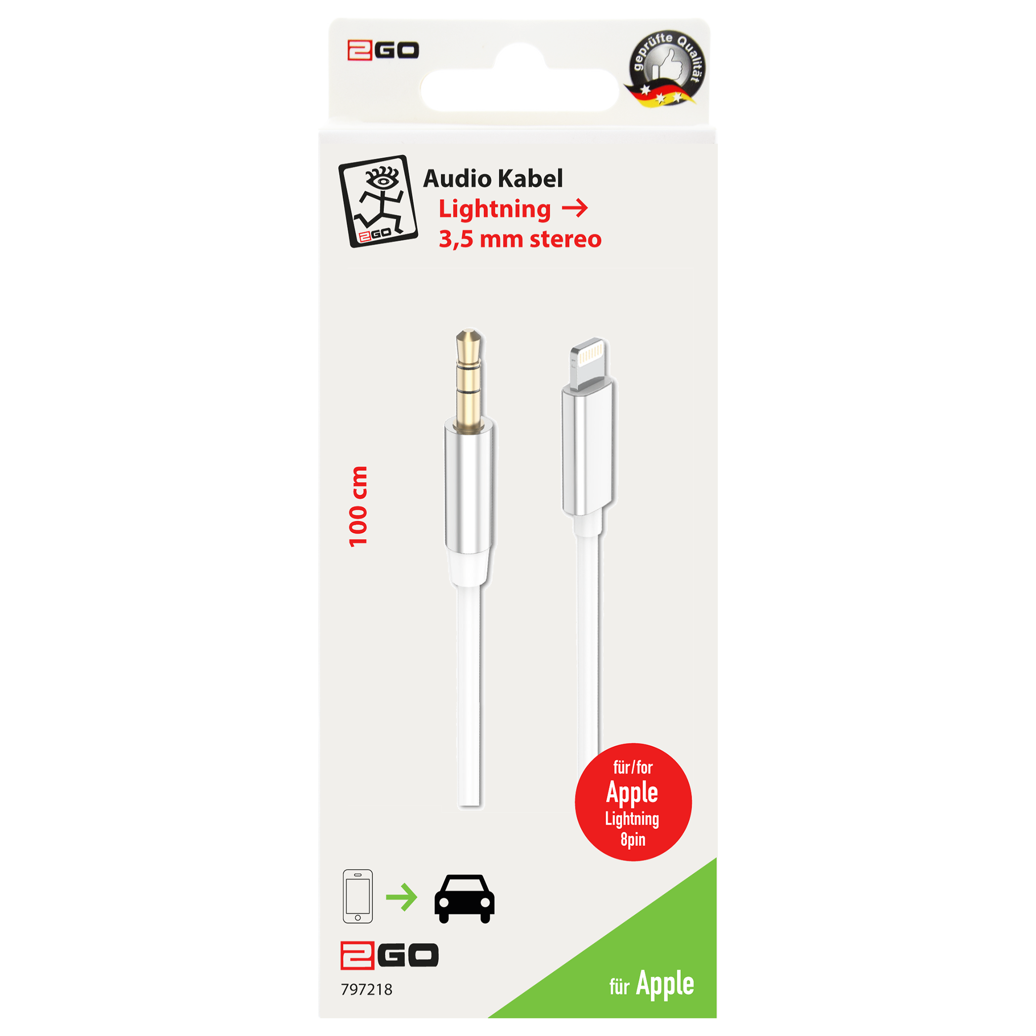 AUX-Audio-Kabel - 3,5 mm Klinkenstecker auf 8-Pin-Stecker (Lightning) - 100 cm - weiß - Verpackung