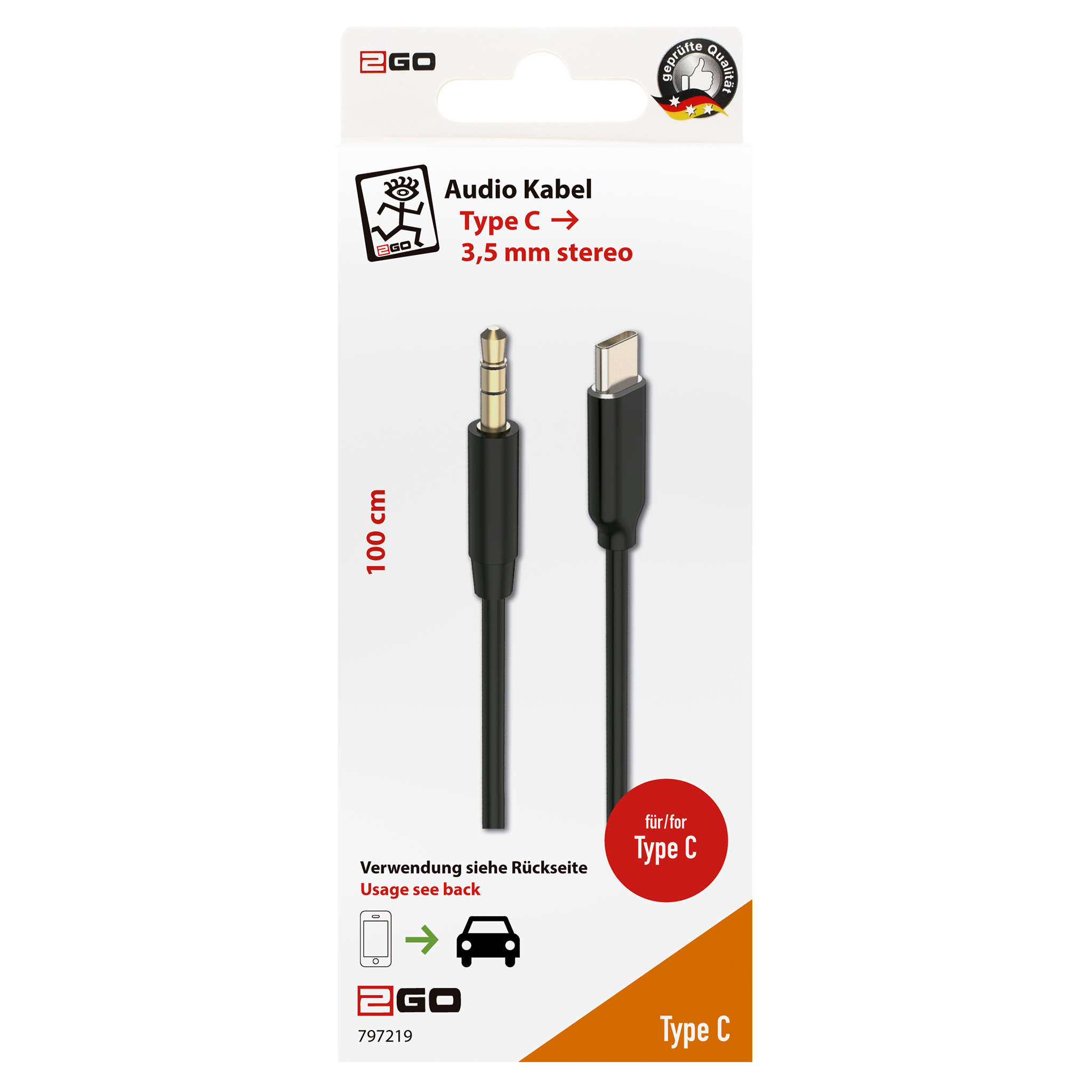 AUX-Audio-Kabel - 3,5 mm Klinkenstecker auf USB Type-C-Stecker - 100 cm - schwarz - Verpackung